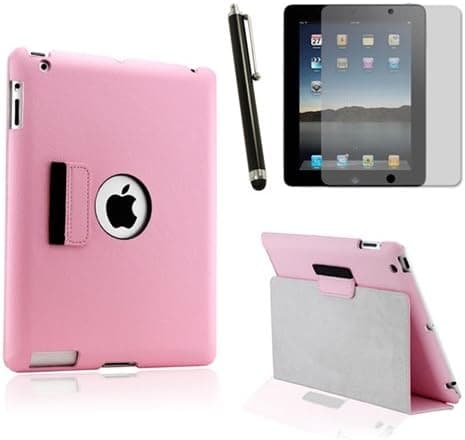 Slim-Fit Dual Layer Pink Leather Case with Smart Cover Function Stylus Holder for iPad 2, iPad 3, and iPad 4 (w/ Retina Display) + Screen…