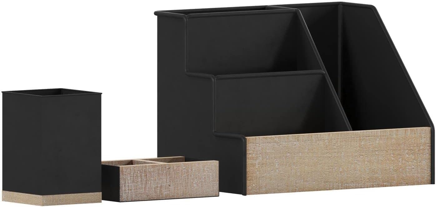Flash Furniture Comerford 3 Piece Metal and Wood Organizer Set - Black Metal and Rustic Wood - For Desktop, Countertop, or Vanity