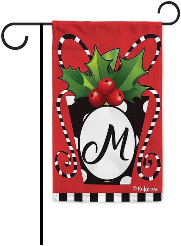 KafePross Merry Monogram M Decorative Garden Flag Welcome Winter Holly Letter Initial Decor Banner for Outside 12.5"X18" Double Sided