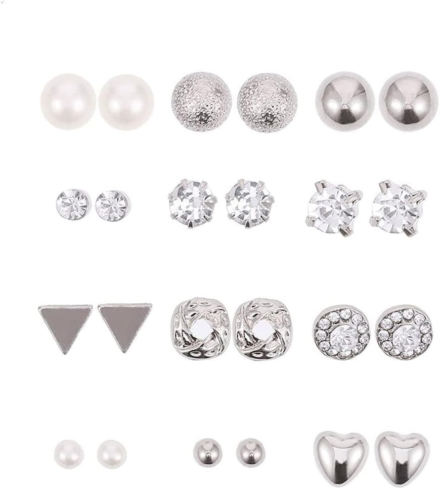 12 Pairs Stud Earrings Set, Hypoallergenic CZ 316L Earrings Stainless Steel Stud Earrings Pack, Crystal Pearl Earring Ball Earrings Set M…