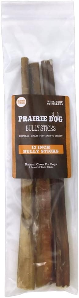 Prairie Dog Pet Products 3 Count Odor Free Bully Sticks, 12"