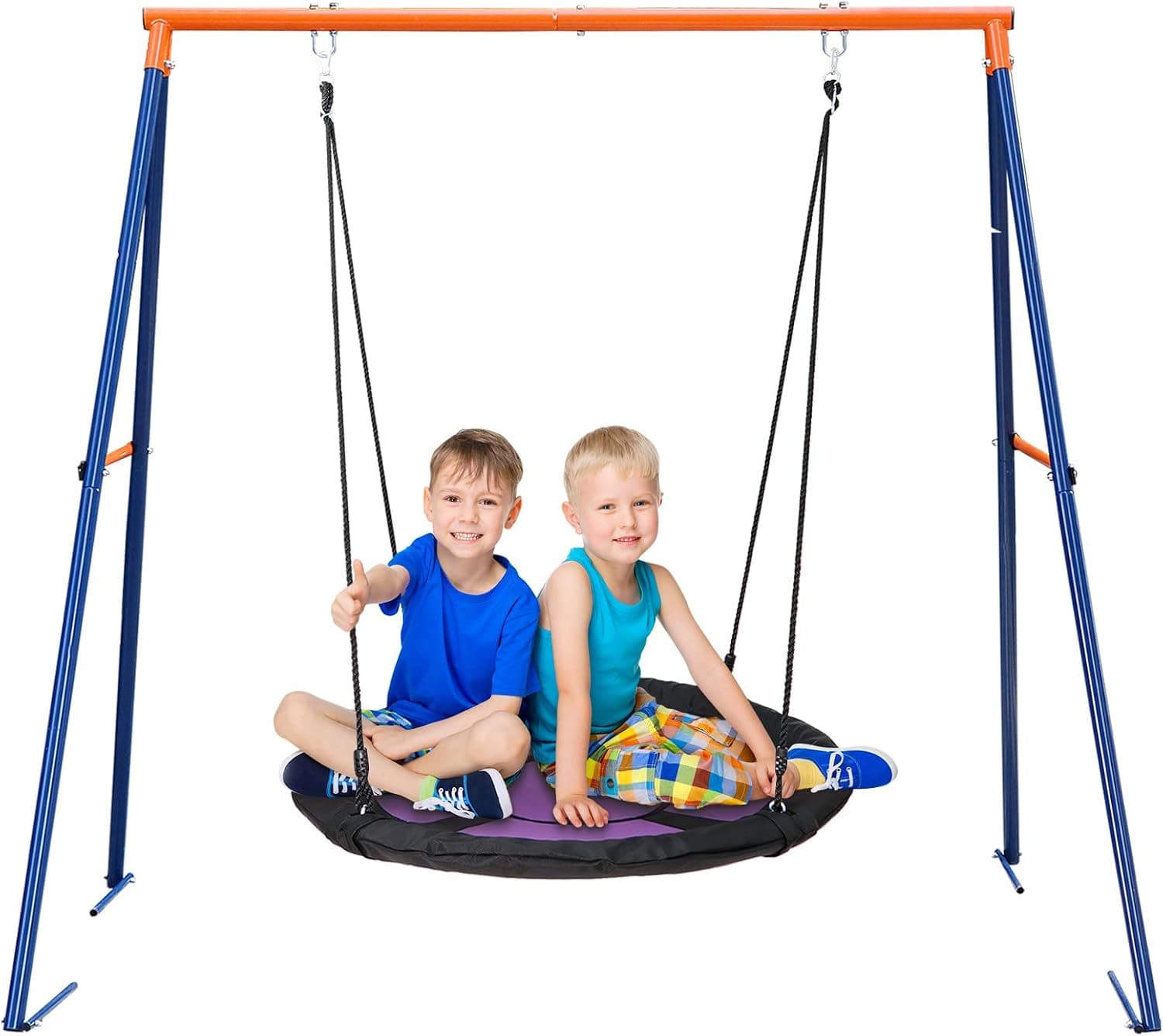 SUPER DEAL 40" Kids Web Tree Swing Saucer Swing Set Combo - 40'' Purple Web Tree Swing + Heavy Duty A-Frame Metal Swing Set, Resilient an…