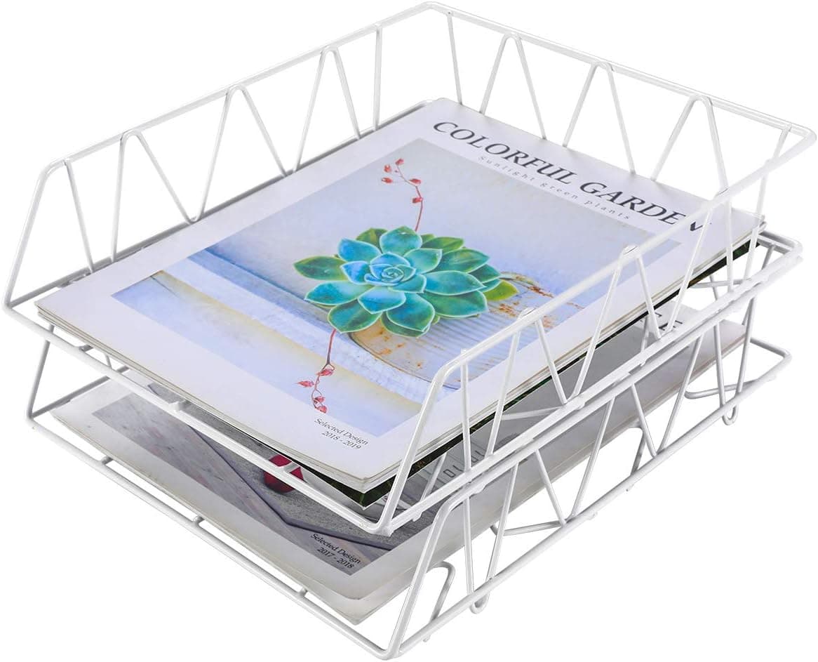 PAG Desktop File Organizer Metal Stackable Letter Tray Paper Holder Rack, 2 Pack, White