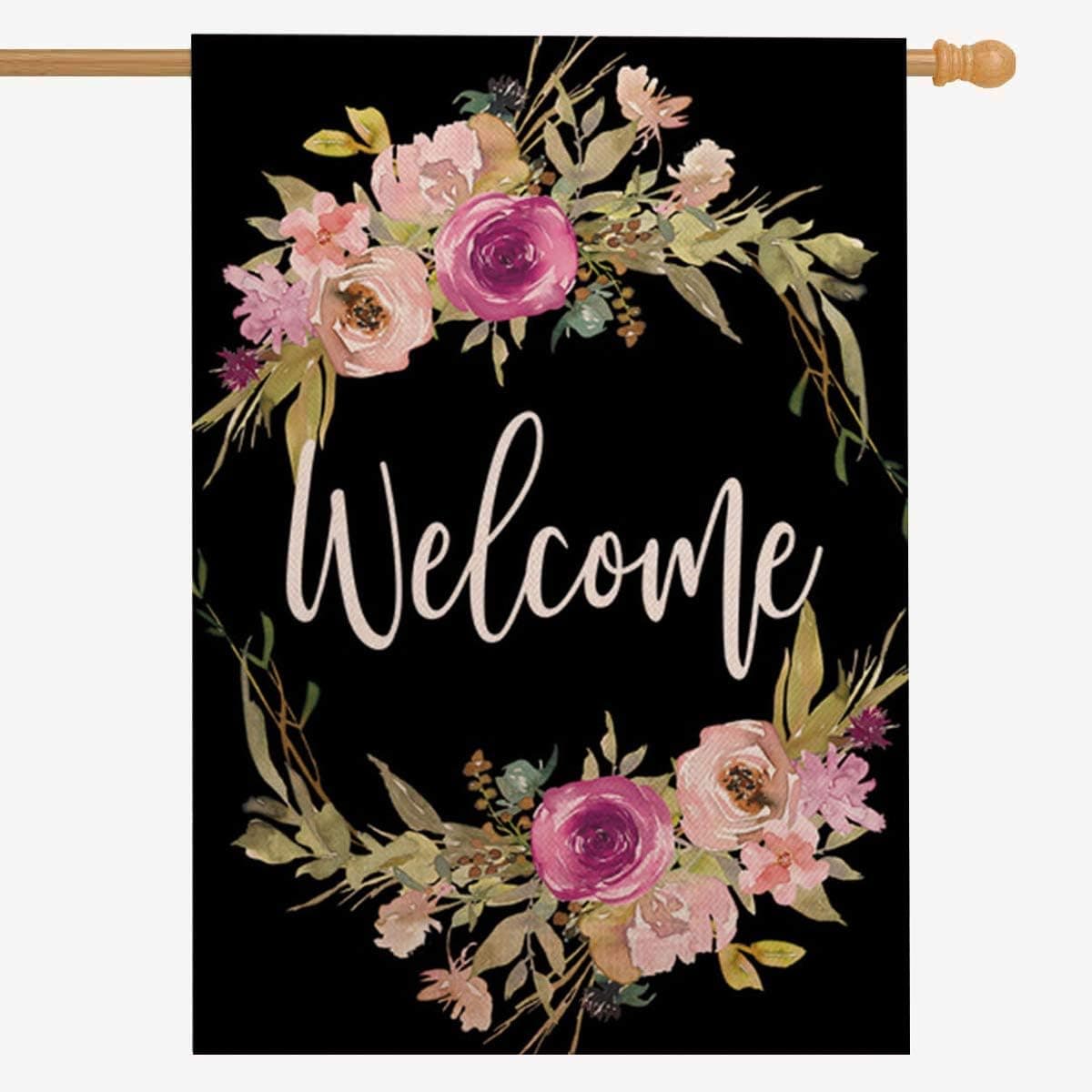 ZUEXT Welcome to Our Home Flower Cluster Cotton Linen House Flag Vertical Double Sided,House Yard Flag Floral,Autumn Happy Harvest House…