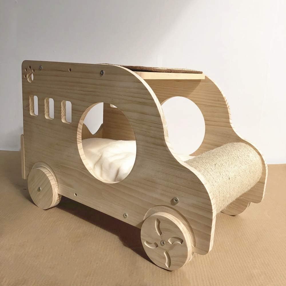 Luxury Wooden Cat Condo, Car Shape Cat Sleep Bed Sofas & House with Warm Cushion/Sisal Cat Scratching Board/Cat Scratching Post,Cat Hidin…