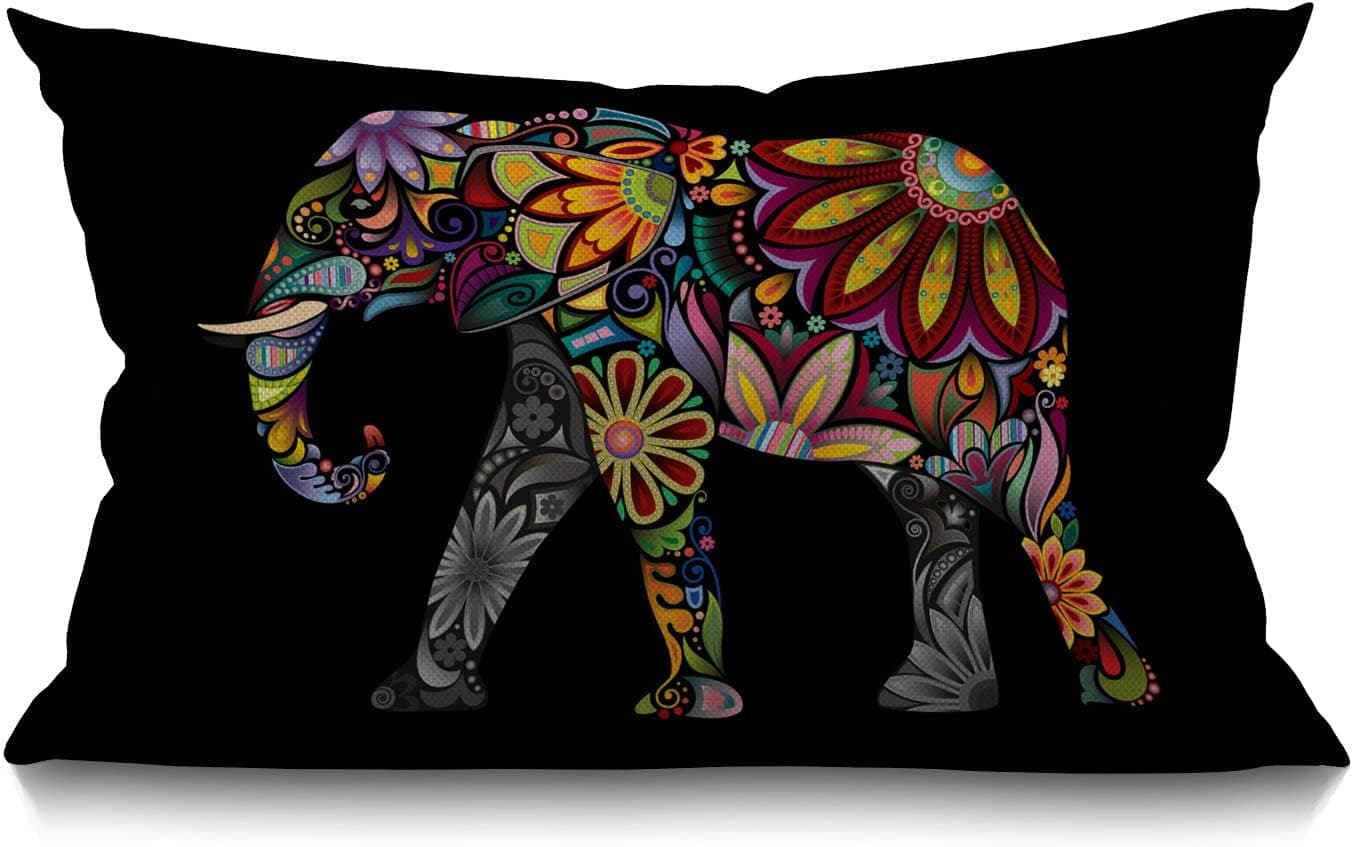 Smooffly Mandala Floral Elephant Waist Lumbar Cotton Linen Throw Pillow case Cushion Cover for Sofa Home Decorative Oblong 12x20 Inches