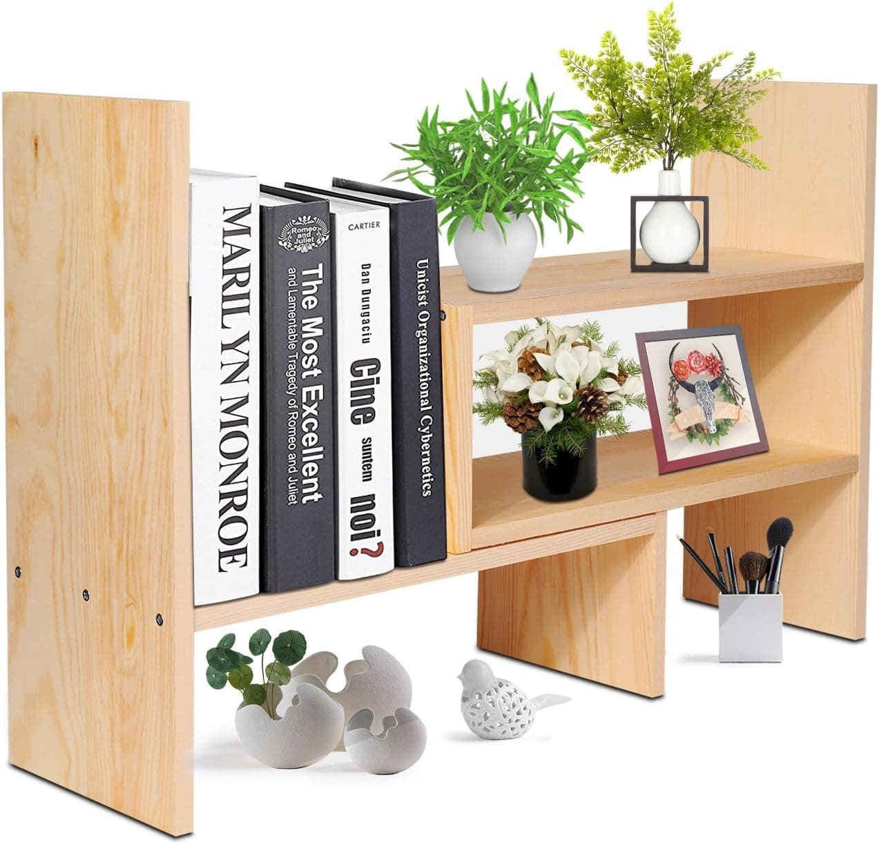 Flexzion Natural Wooden Desktop Shelf Wood Caddy Desk Organizer Set Office Storage Adjustable Expandable Tabletop Accessory Sorter Bookca…