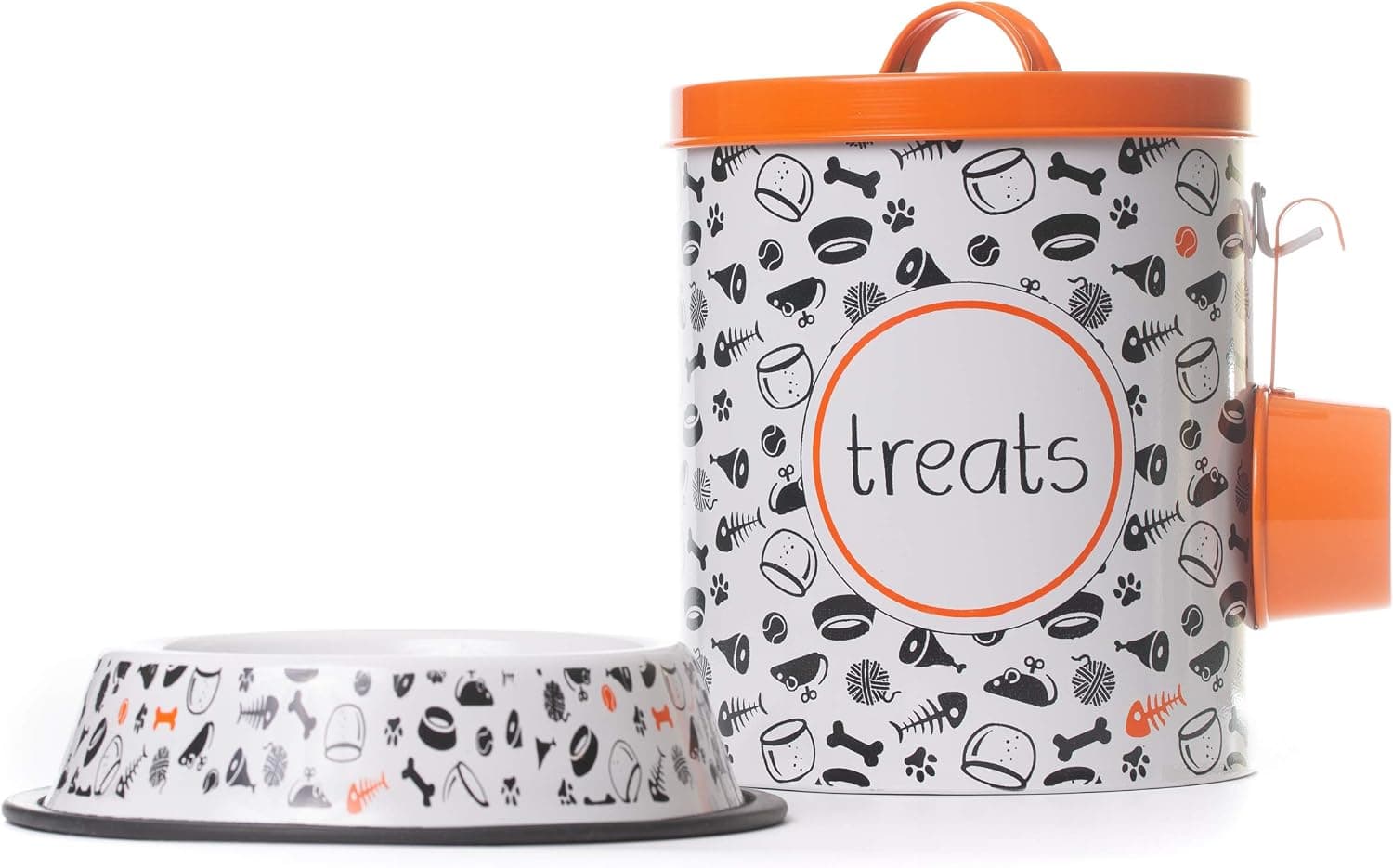 The PetSteel | Orange and White Large Decorative Canister with Bowl and Scoop (Large) | Pet Food and Treat Container Set | Tight Fitting…