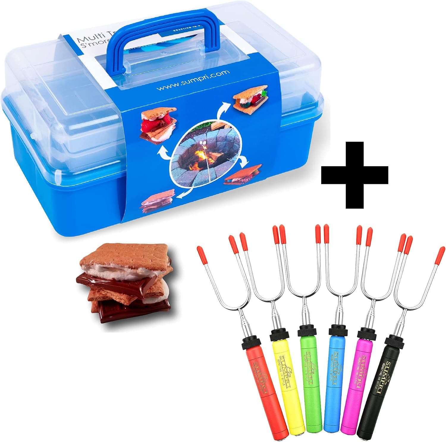 SUMPRI Smores Caddy & Marshmallow Roasting Sticks (Set of 6) -Two Folding Trays Smore Storage Box & Telescoping Rotating Forks -Keeps You…