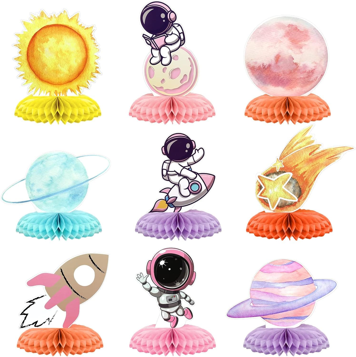 9 Pcs Outer Space Birthday Party Decorations Two The Moon Birthday Decorations Girls Space Themed Honeycomb Table Centerpieces for Party…