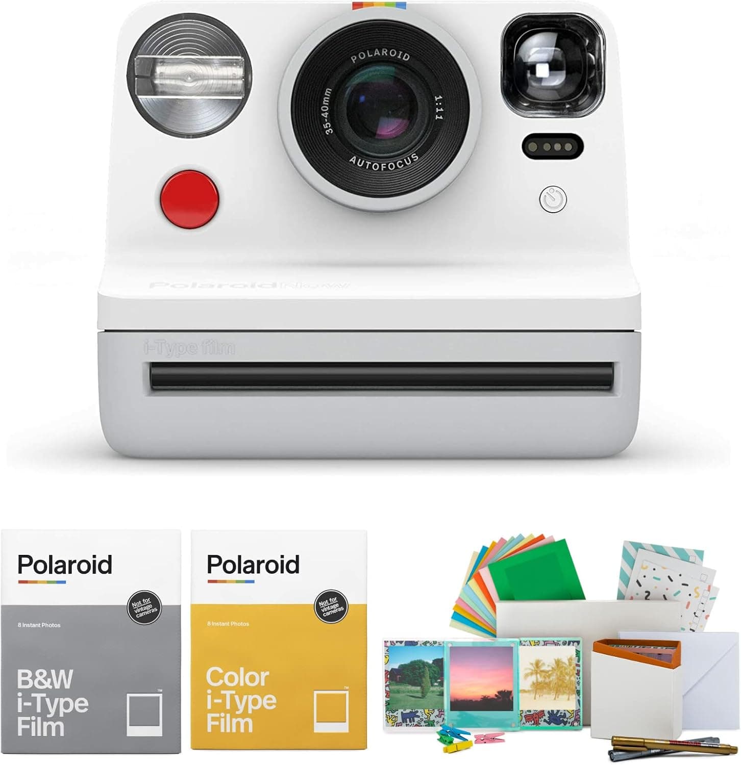 Polaroid Originals Now Viewfinder i-Type Instant Camera (White) Bundle with Color and B and W Instant Film and Reusable Vintage Photo Acc…
