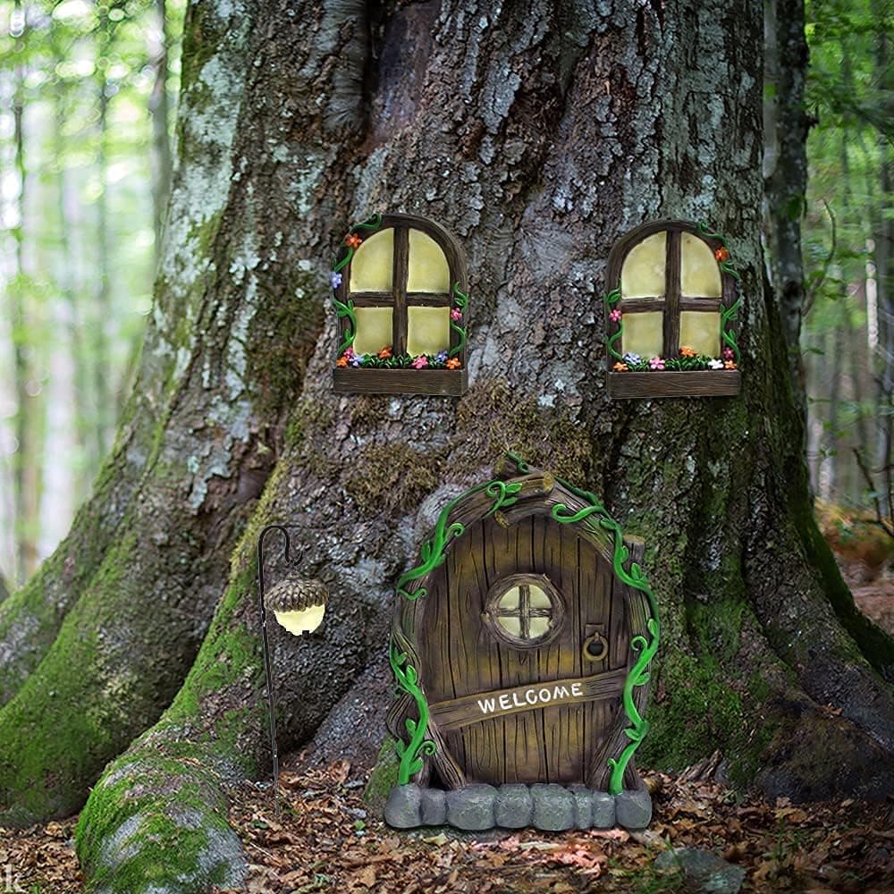Meyas Fairy Door and Windows for Trees,Glow in The Dark Yard Art Sculpture Decoration for Kids Room,Wall Trees Outdoor Miniature Fairy Ga…