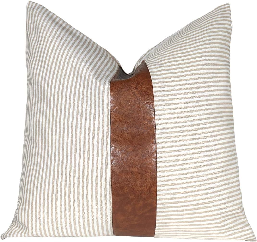 Kiuree Farmhouse Decorative Throw Pillow Covers 18x18 inch Cute Faux Stripe Leather Accent Pillow for Couch Boho Modern Decor Pillow (Cof…