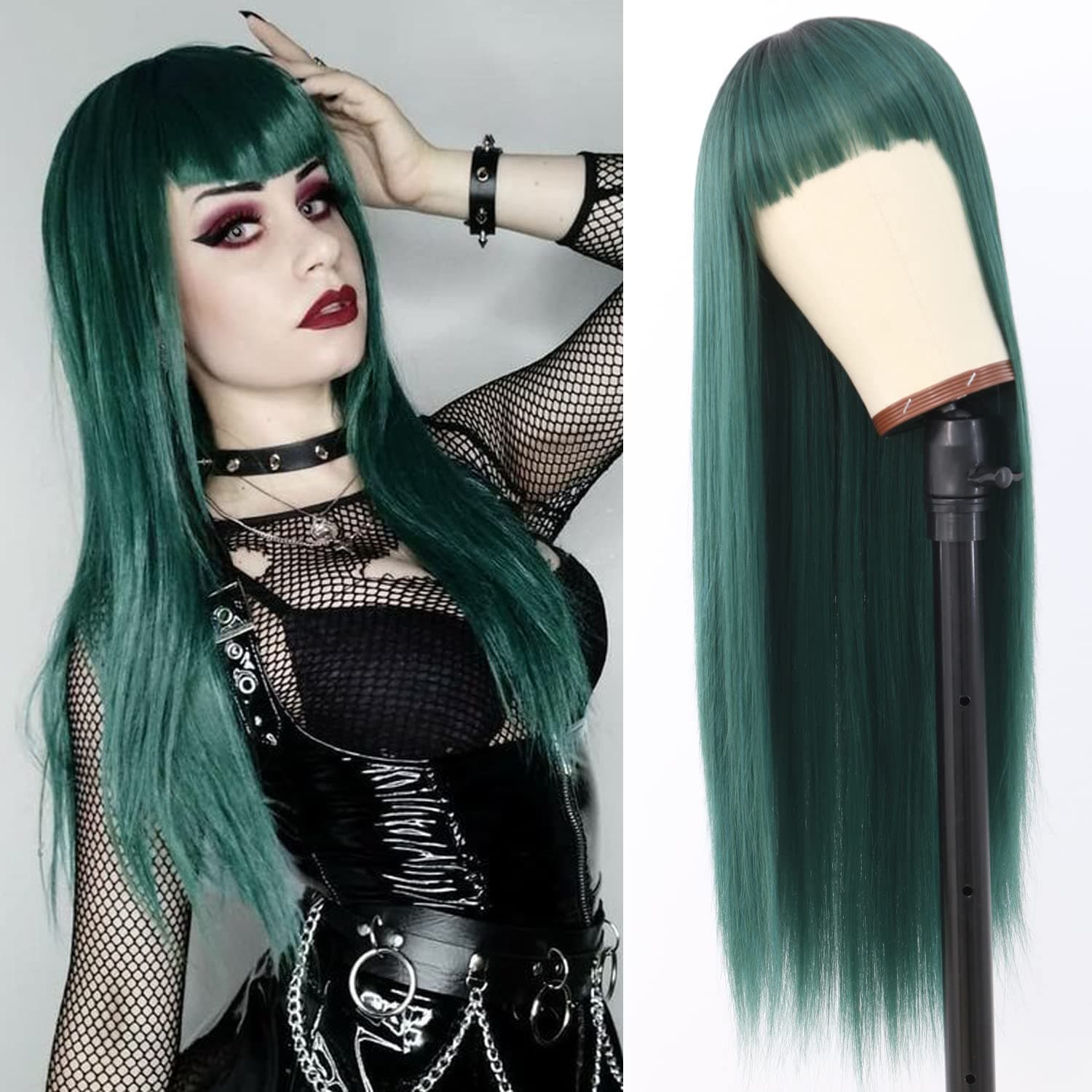 Vvan Long Straight Hair Ombre Green Straight Wigs With Bangs Heat Resistant Fiber Hair Full Machine Wig Cosplay Wig Party Wig For All Wom…