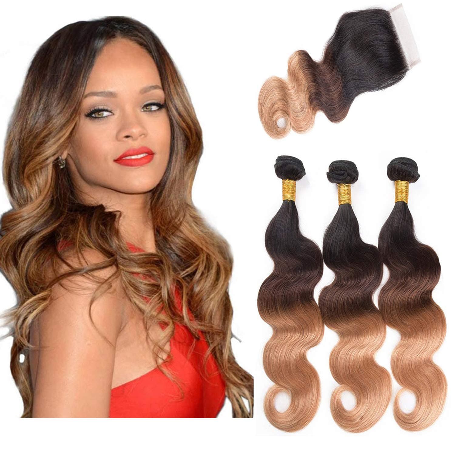 Ombre Human Hair Bundles with Closure 10A Grade Brazilian Body Wave Bundles with Closure Ombre Human Hair Bundles for Black Women (10 12…