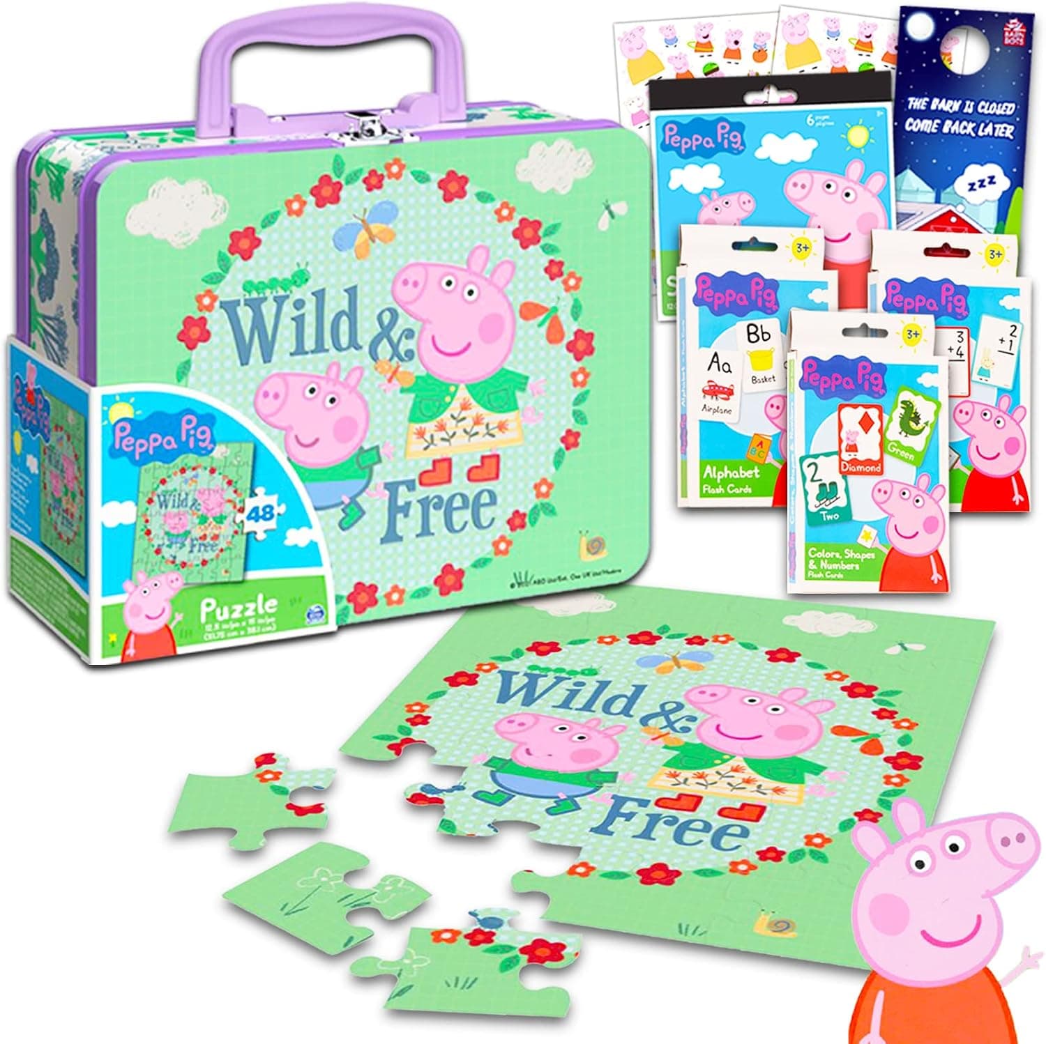 Peppa Pig Tin Lunch Box with Puzzle Set ~ 5 Pc Bundle with Peppa Lunch Box, 24-Piece Puzzle for Kids, Stickers, Flash Cards, and More (Pe…