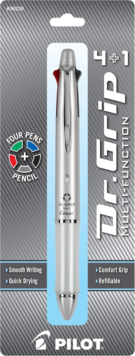 PILOT Dr. Grip 4+1 Multi-Function Refillable & Retractable Ballpoint Pen + Pencil, Fine Point, Silver Barrel, Black/Red/Blue/Green Inks,…