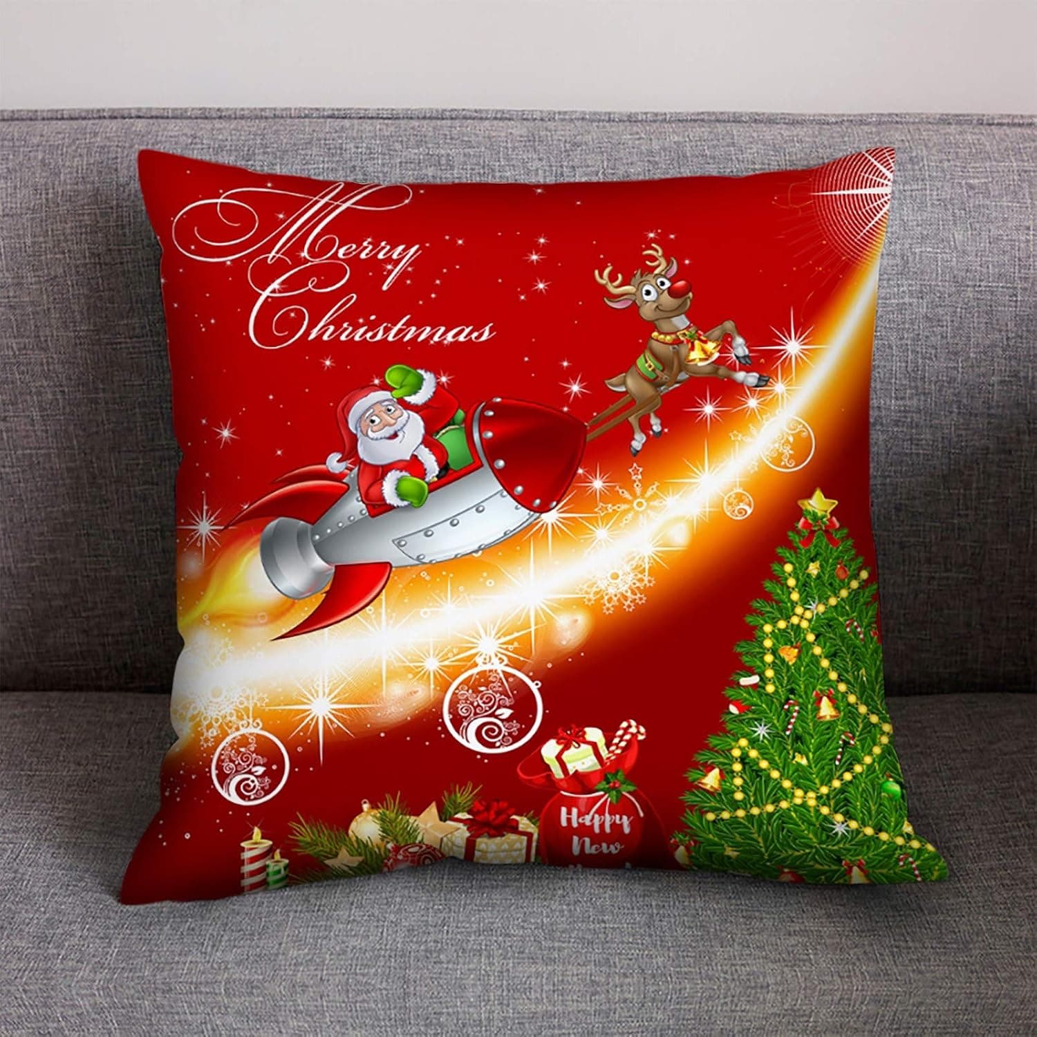Shan-S Christmas Pillows Cace Xmas Tree Santa Claus Reindeer Square Throw Pillows Covers Light Up Pillowcase with Battery Operated LED Ch…