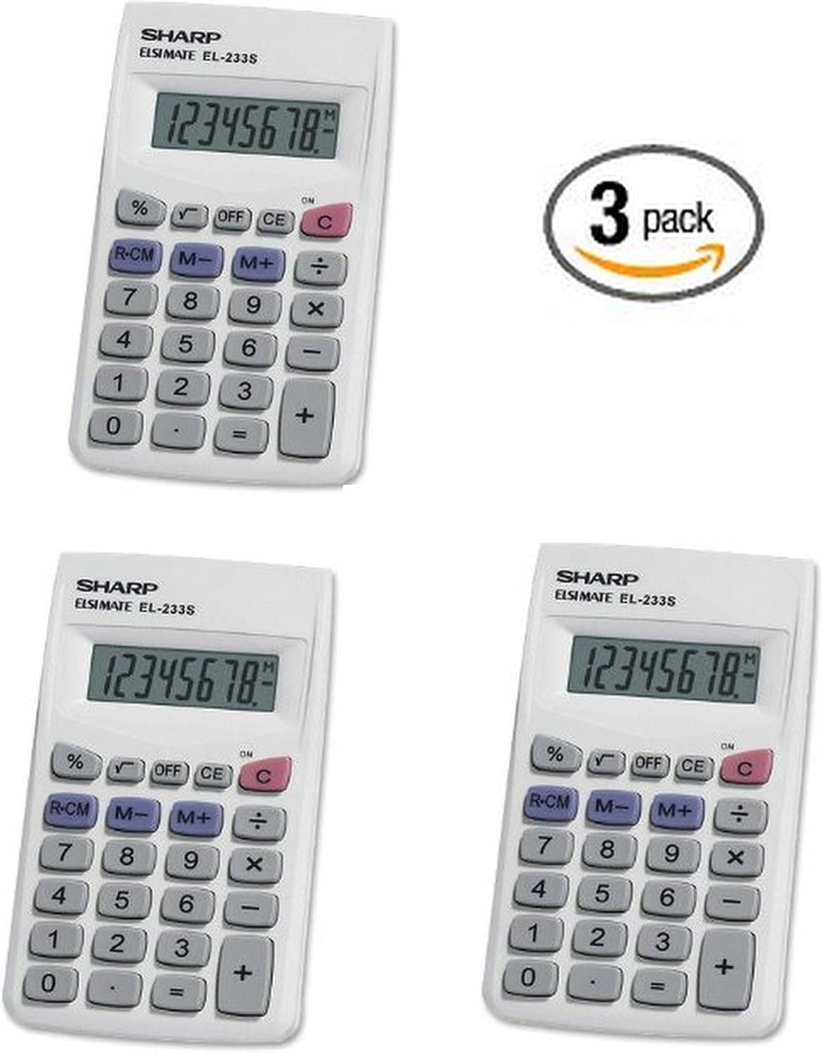 3 Pack Sharp EL233SB Standard Function Battery Operated Calculator
