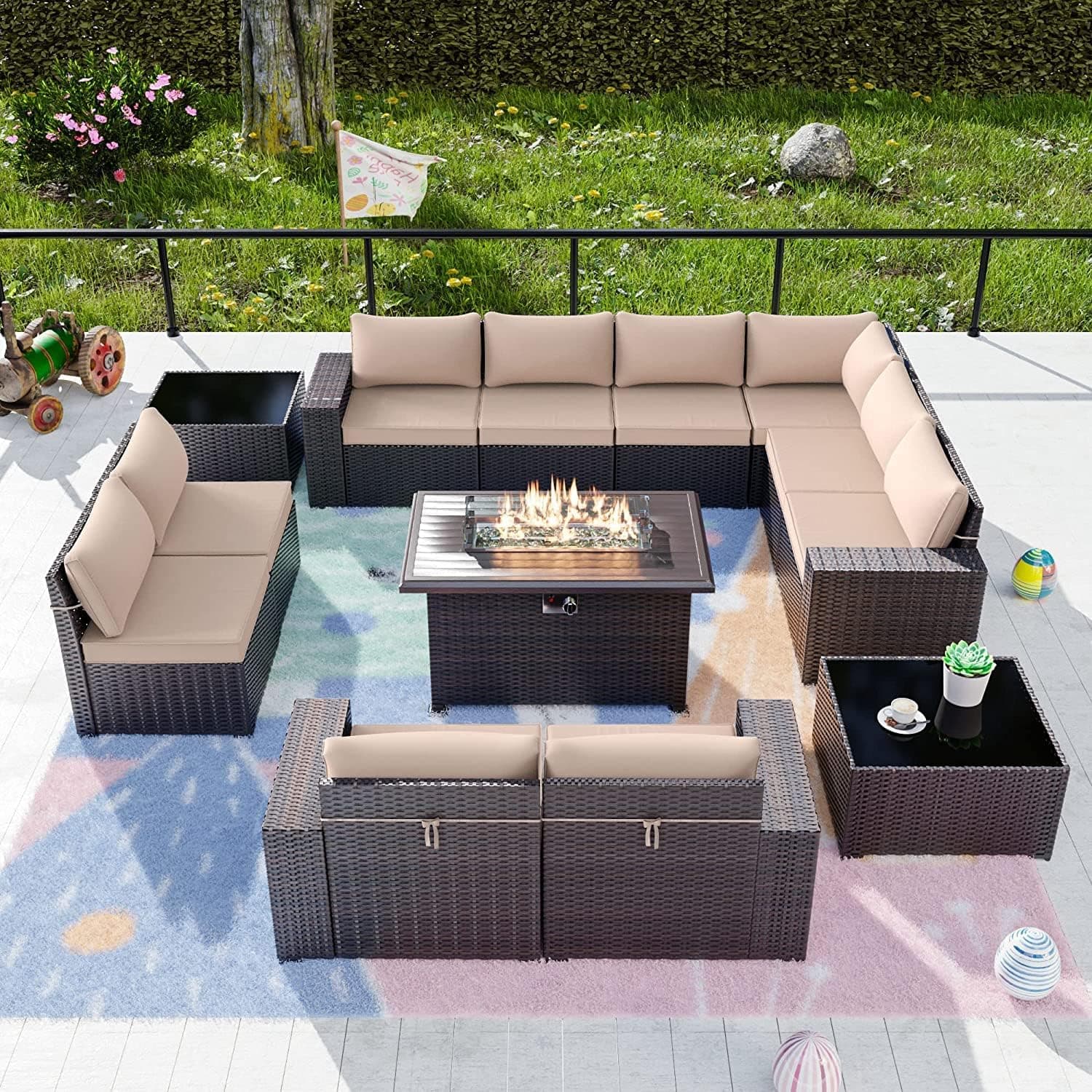 Kullavik 13 PCS Outdoor Patio Furniture Set with 43" 55000BTU Gas Propane Fire Pit Table PE Wicker Rattan Sectional Sofa Patio Conversati…