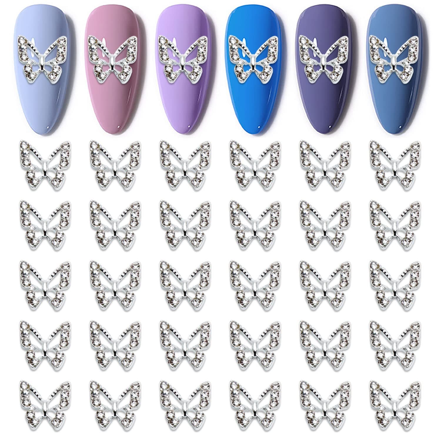 WOKOTO 30 Pcs 3D Butterfly Nail Charms for Acrylic Nails Silver 3D Butterfly for Nails Hollow Butterfly with Rhinestones Studed Nail Deco…